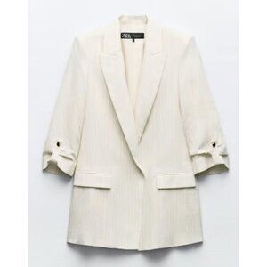 ZARA Linen Blend Neutral Oatmeal Stripe Roll Tab Sleeve Blazer Preppy - Size M